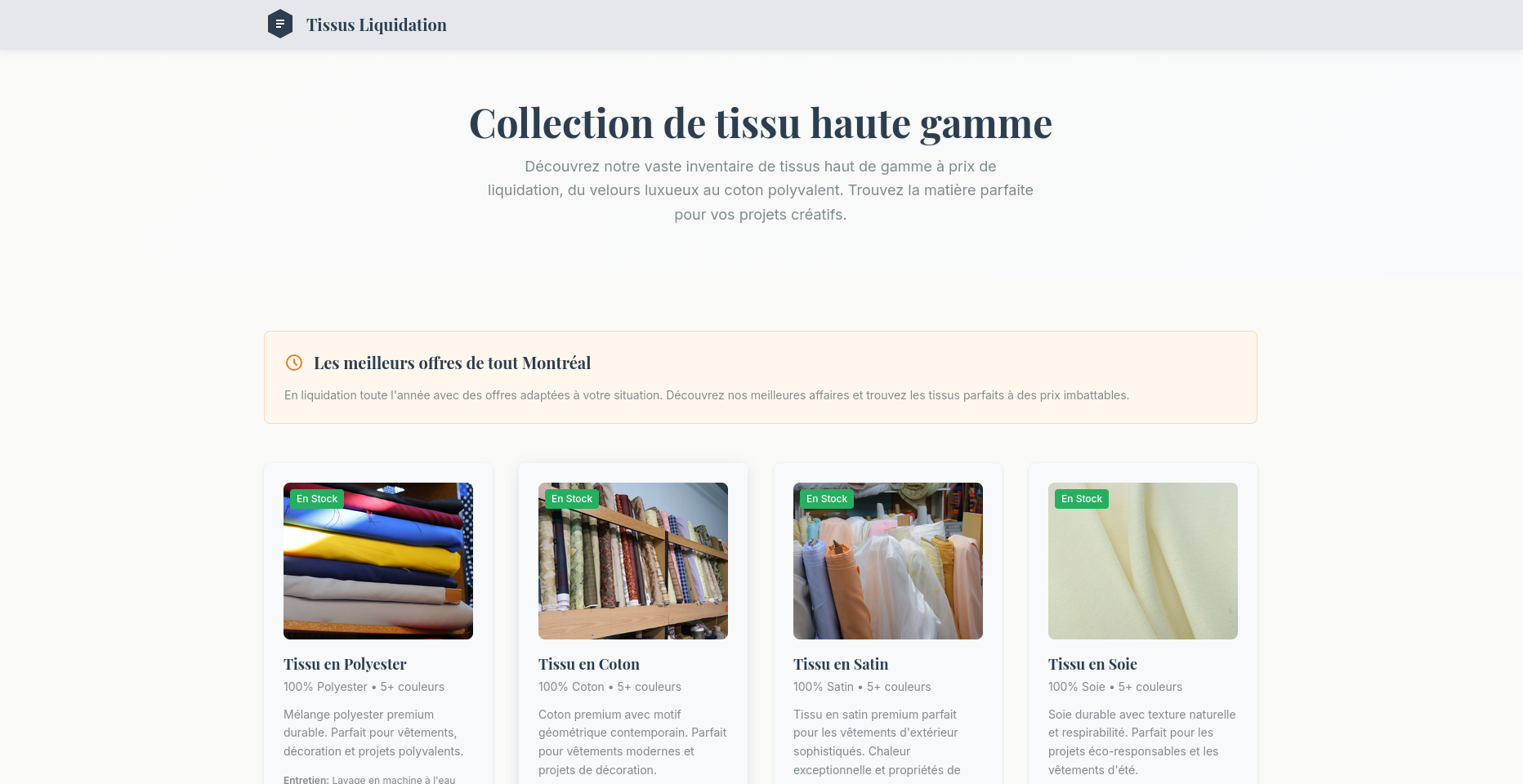 Screenshot of Tissus Liquidation website